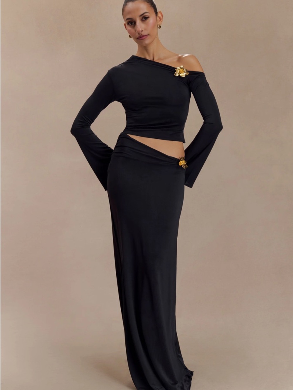 Meshki Ainsley Asymmetrical Long Sleeve Top With Floral Hardware - Black